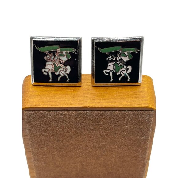 VTG Cufflinks Knight on White horse with Green flag in Silver tone Hallmarked - Picture 2 of 10